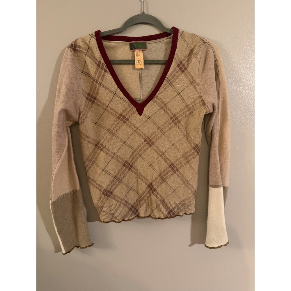 Recycled Cashmere Patchwork Argyle V-Neck Sweater Tan Beige Rhinestone Medium